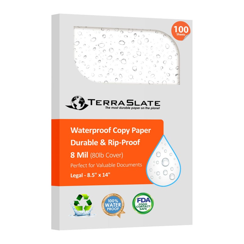 TerraSlate Waterproof Laser Printer Paper â€“ 8 MIL 8.5"x14", 100 Sheets, White â€“ Tear & Smudge Proof, Heavy-Duty for Outdoor Use, Ideal for Printing, Copying & More - Image 1